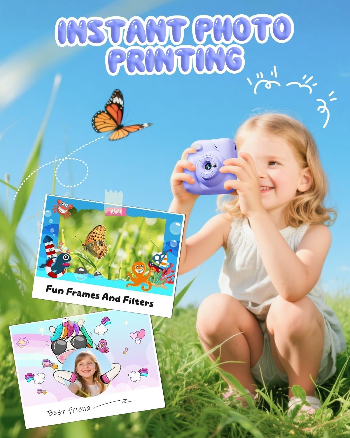 Kids Instant Print Camera 48MP 1080P Video 32GB Card Purple Gift