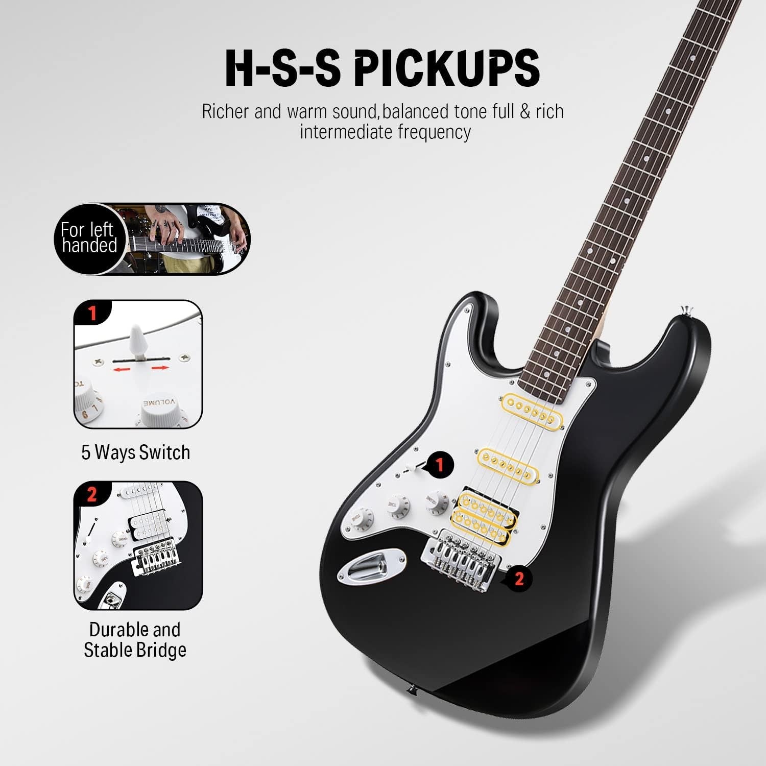 Left Handed Electric Guitar Kit Full Size 39" Black w Amp & Bag