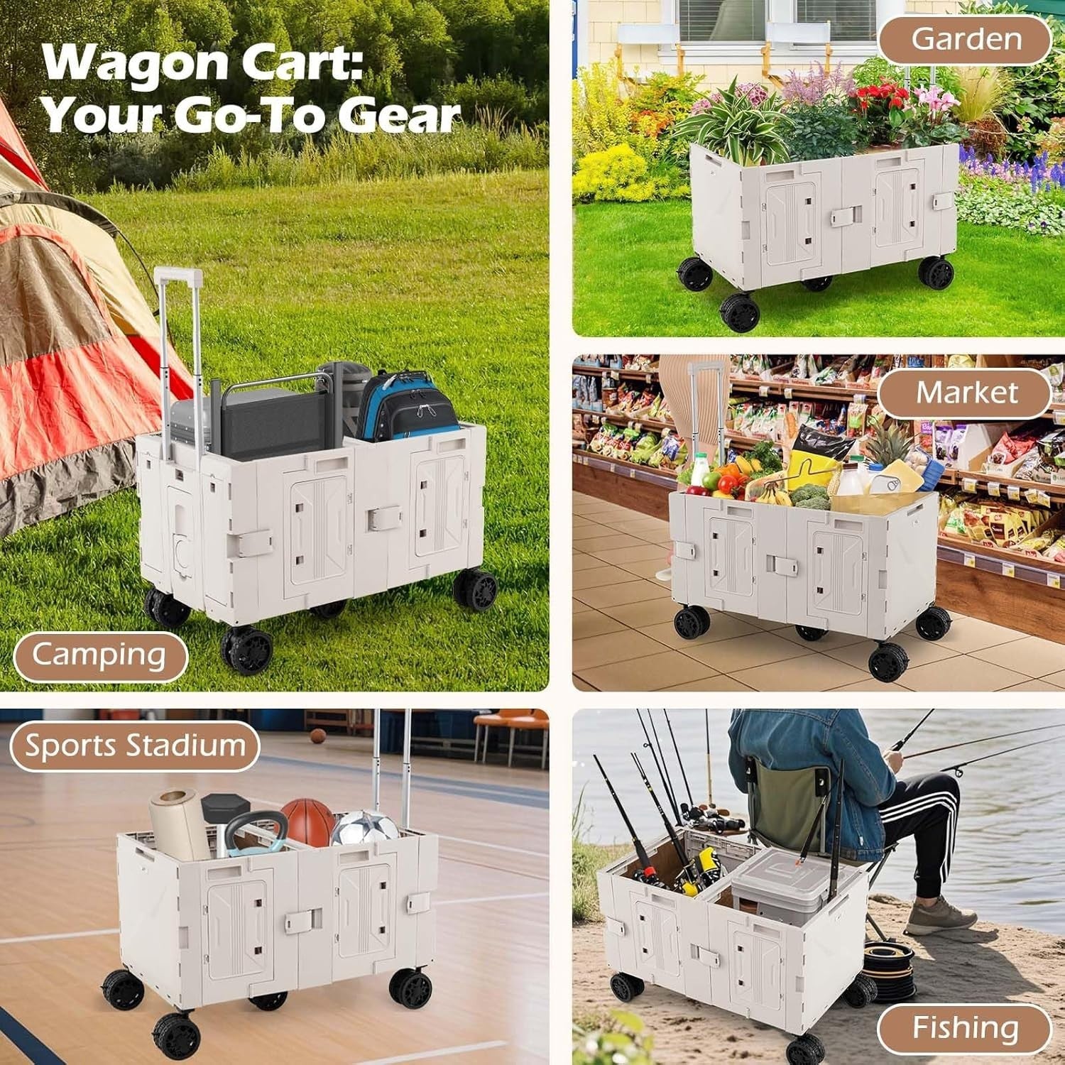 150L Folding Utility Trolley Cart Heavy Duty Wagon 5 Wheels Tabletop White