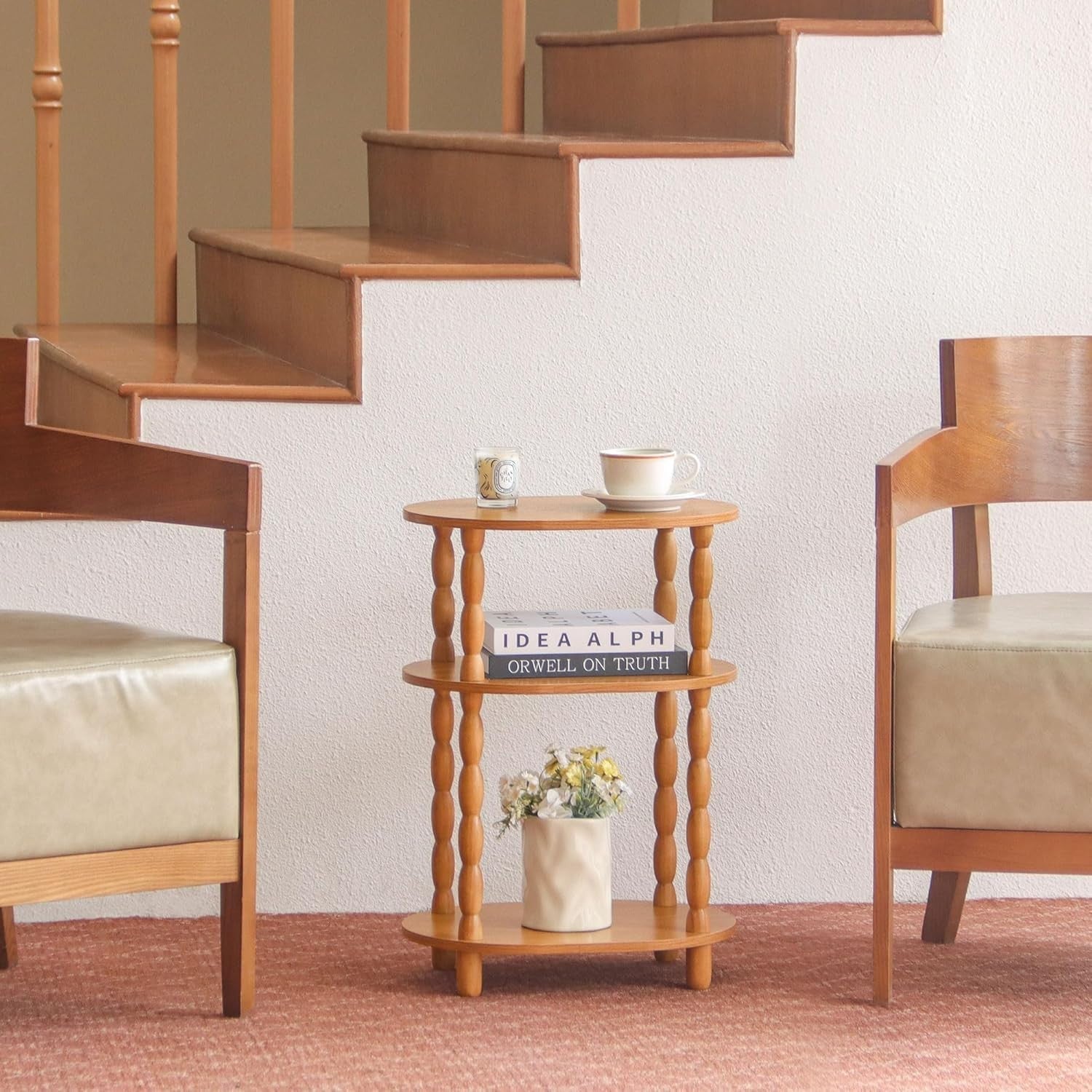 3-Tier Oval Side Table Brown, Compact Modern End Table with Storage Shelves