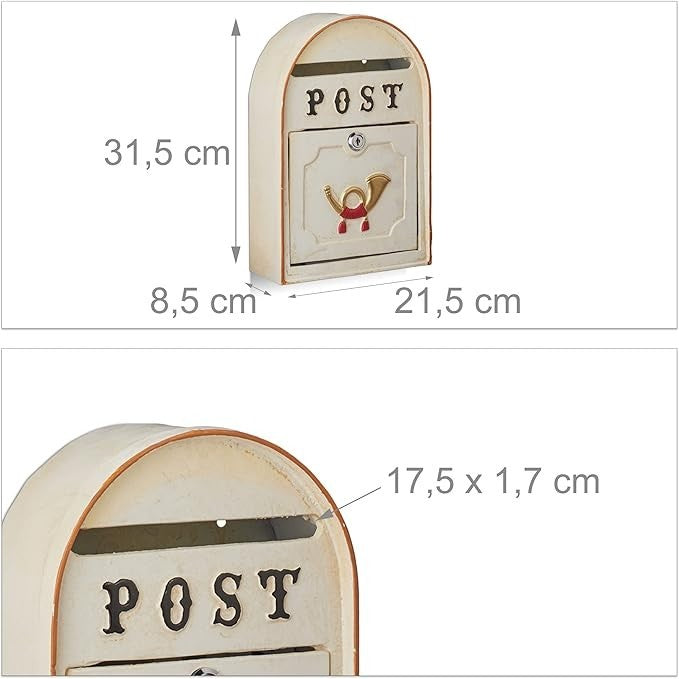 Vintage Wall Mounted Letterbox Lockable Post Horn Design Metal Beige