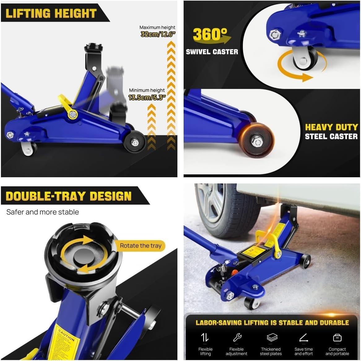 2 Ton Floor Jack + 3 Ton Axle Stands Heavy Duty Car Lift Set 135–350mm w/ Case