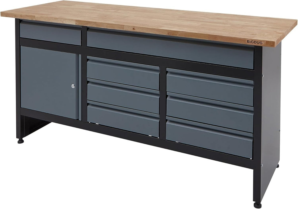 1709mm Garage Workbench 8 Drawers + Cupboard 300kg Load Solid Wood Top