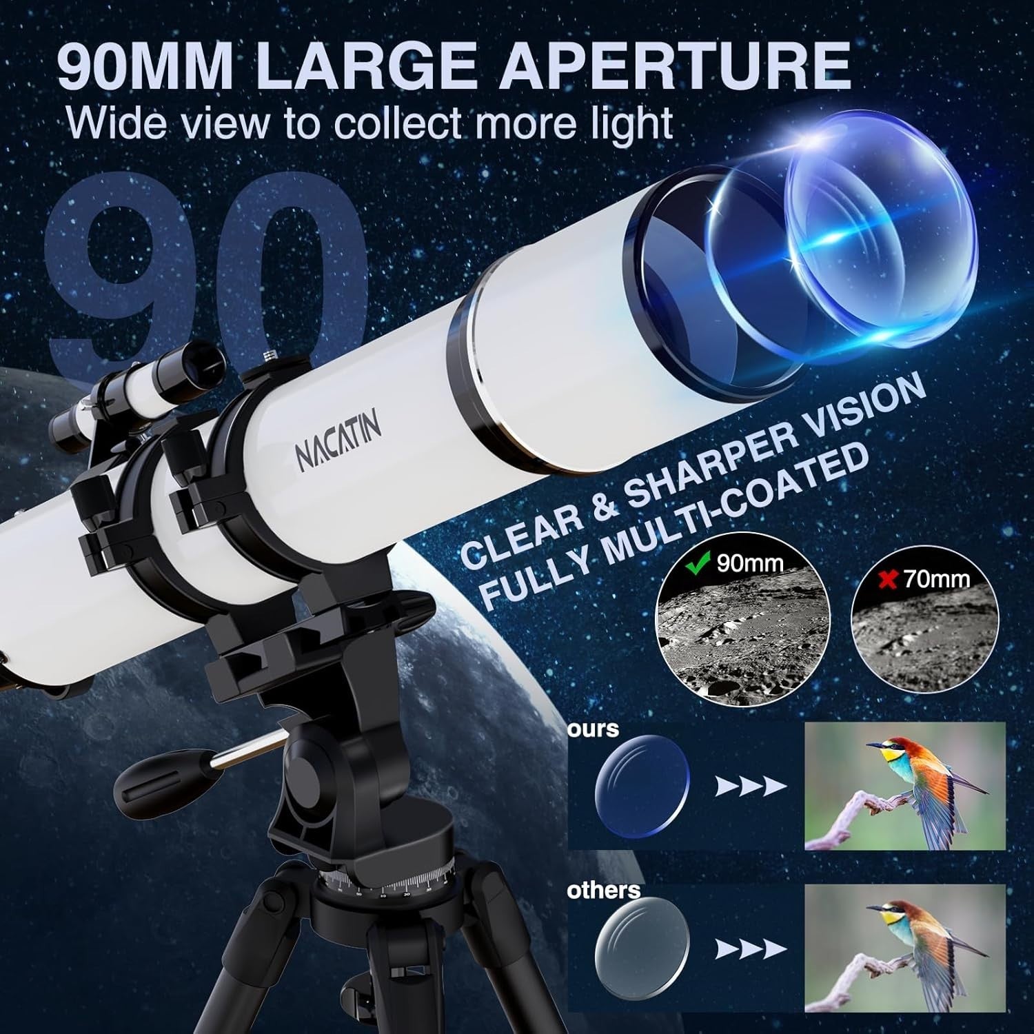 90mm Refractor Telescope White for Adults & Beginners 800mm Focal Length