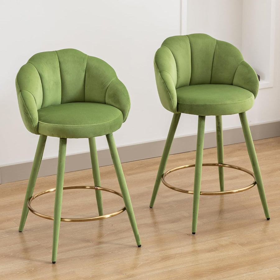 Green Velvet Bar Stools Set of 2 Modern Kitchen Counter Breakfast Chairs