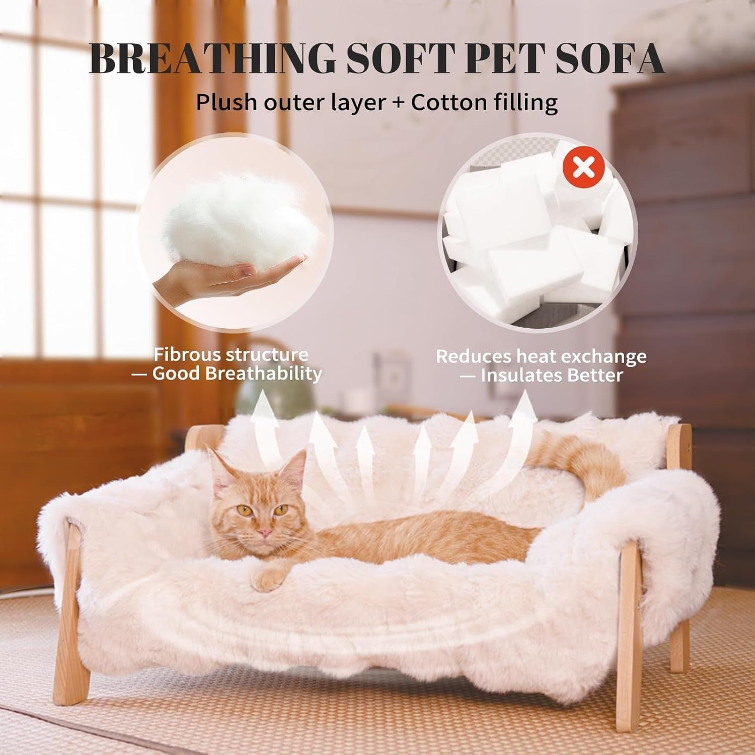 Raised Cat Bed Beech Wood Large Pet Sofa Washable Plush Cover 70cm