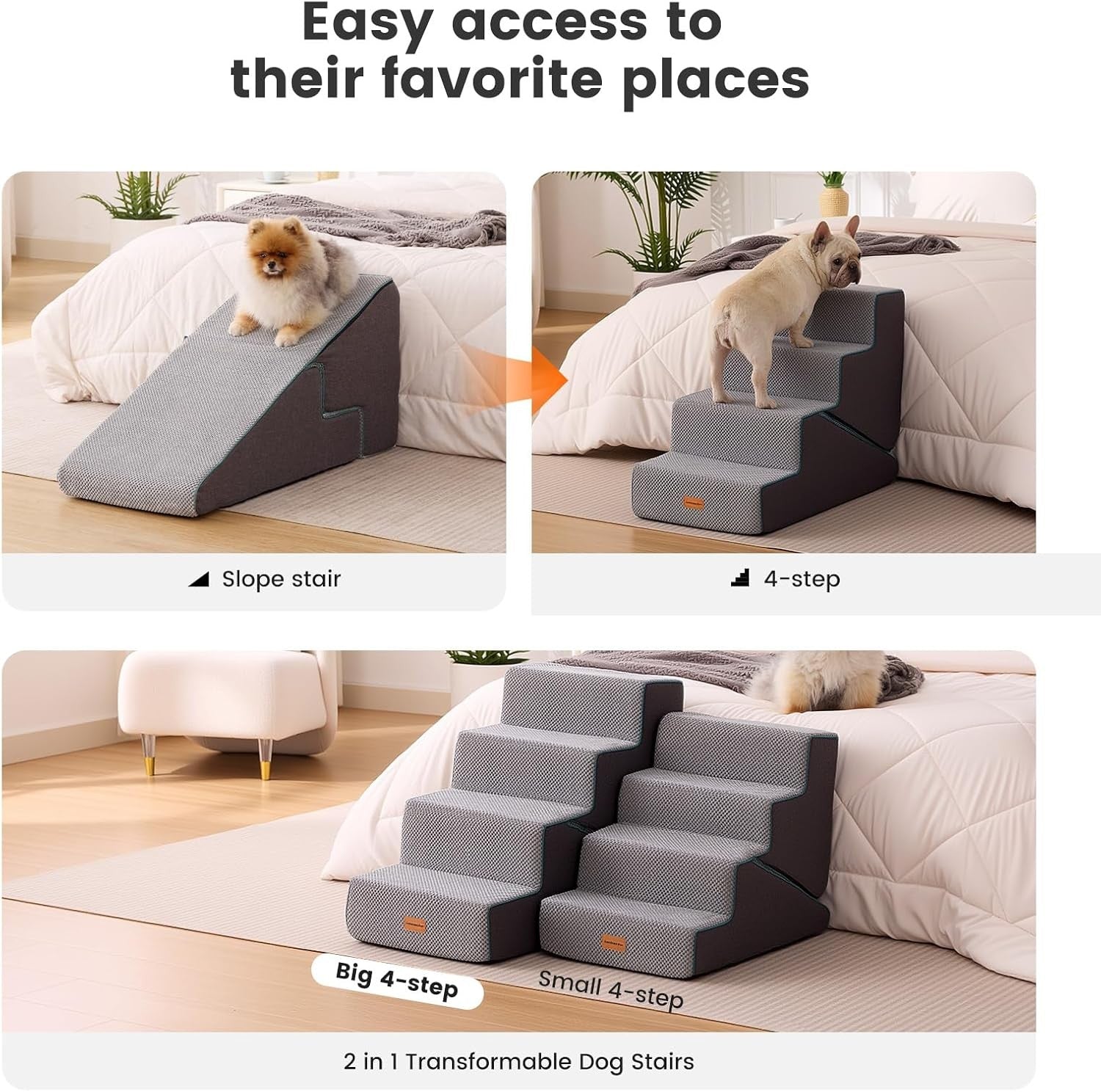 4 Step Adjustable Dog Stairs Foam Ramp Non-Slip Grey 47-56cm H
