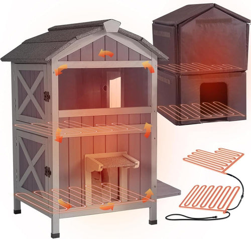 Heated 2-Level Wooden Pet House Outdoor Indoor Insulated Warm Cozy 75x75x85cm