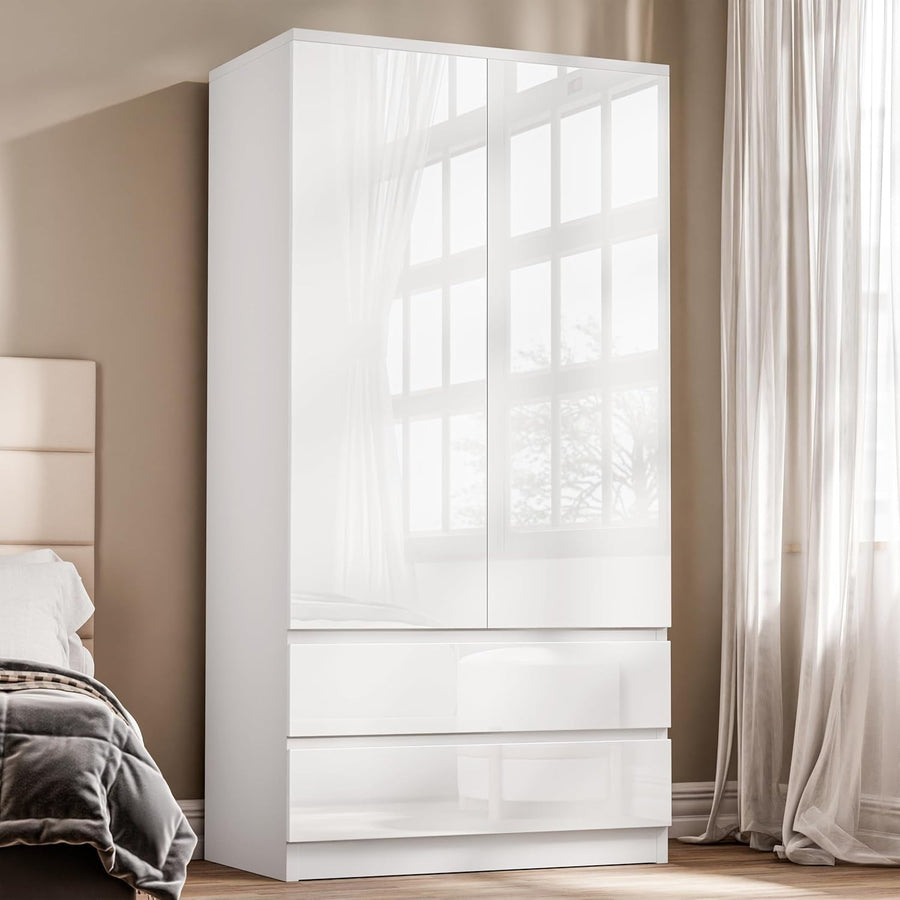 White 2 Door Wardrobe with 2 Drawers High Gloss Finish Storage Unit