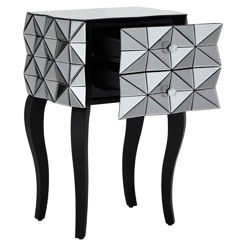 Modern 3D Glass Bedside Table with 2 Drawers – Silver Mirrored Unit