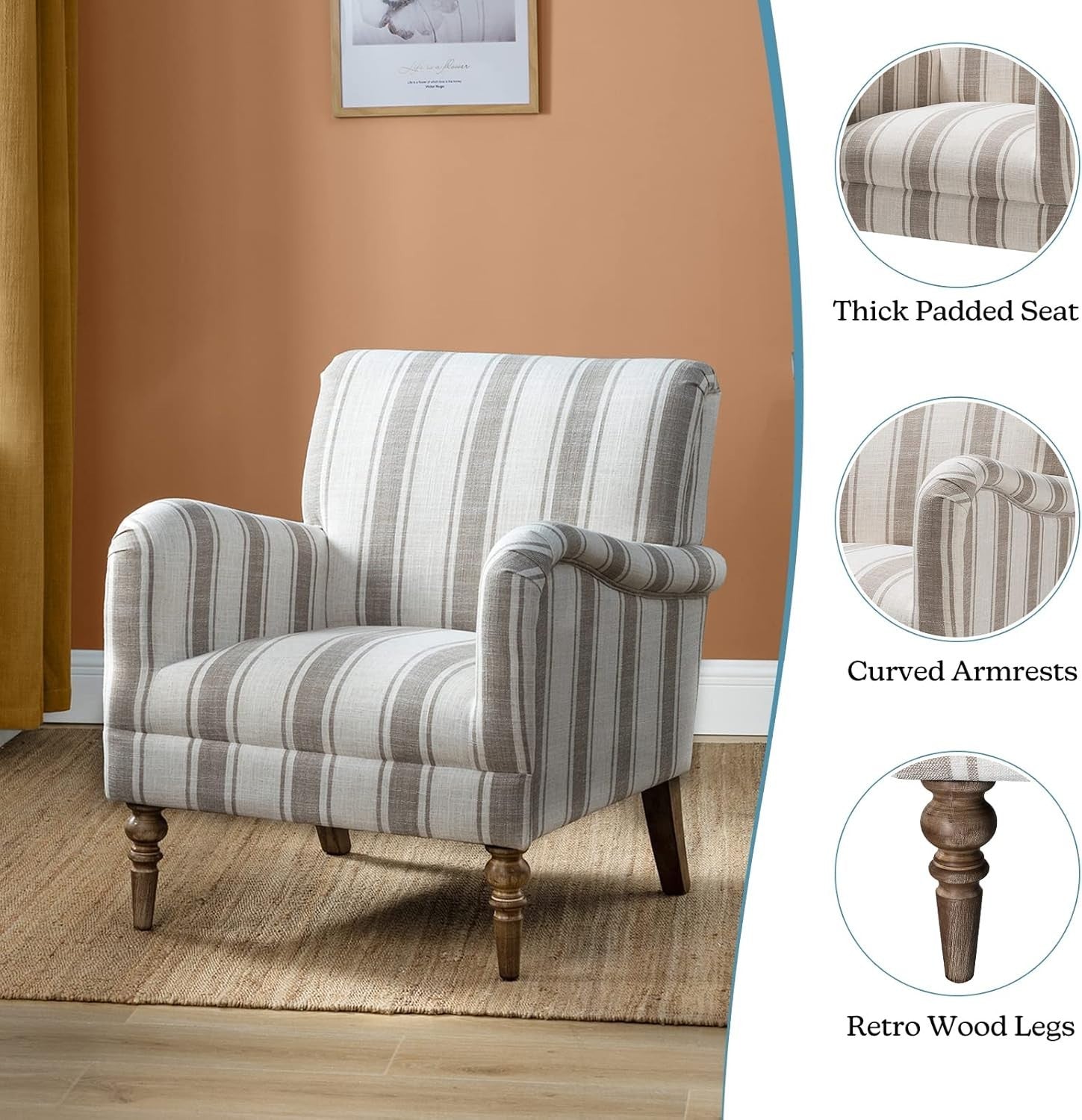 Set of 2 Striped Upholstered Armchair with Wooden Legs for Lounge or Bedroom Tan