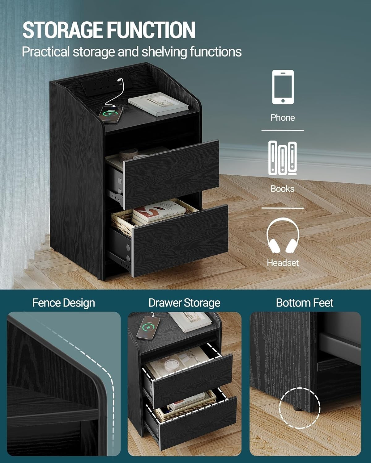 LED Bedside Tables Set of 2 with USB Ports & Power Outlets – Modern Nightstands