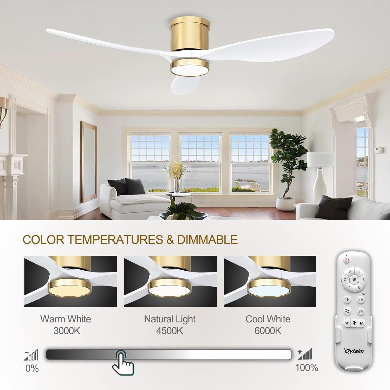 Ovlaim 132cm Flush Ceiling Fan with Light, Quiet DC Motor, Remote Control