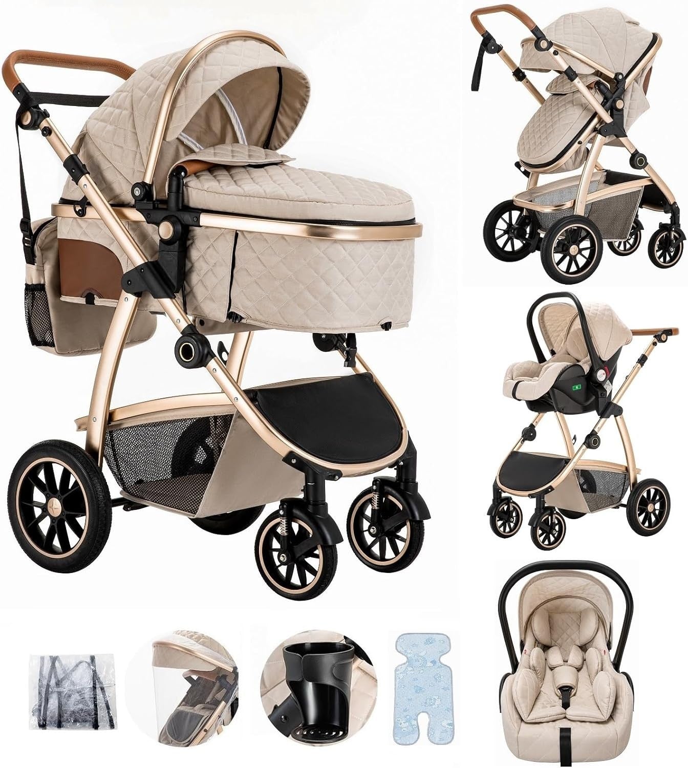 3 in 1 Baby Stroller Pram Pushchair Car Seat Adjustable Handle Beige