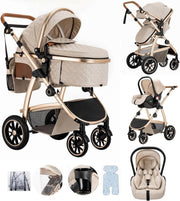 3 in 1 Baby Stroller Pram Pushchair Car Seat Adjustable Handle Beige
