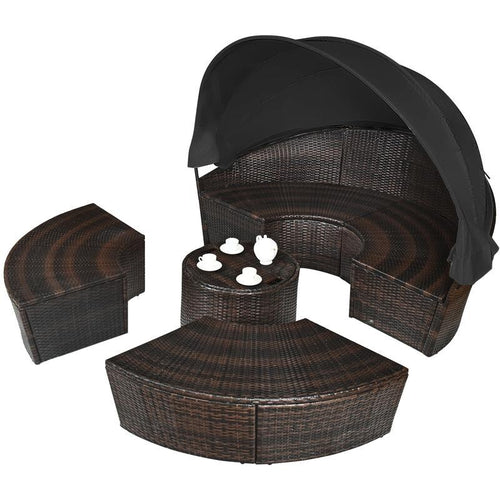 Round Rattan Outdoor Daybed with Retractable Canopy & Cushions Garden Set