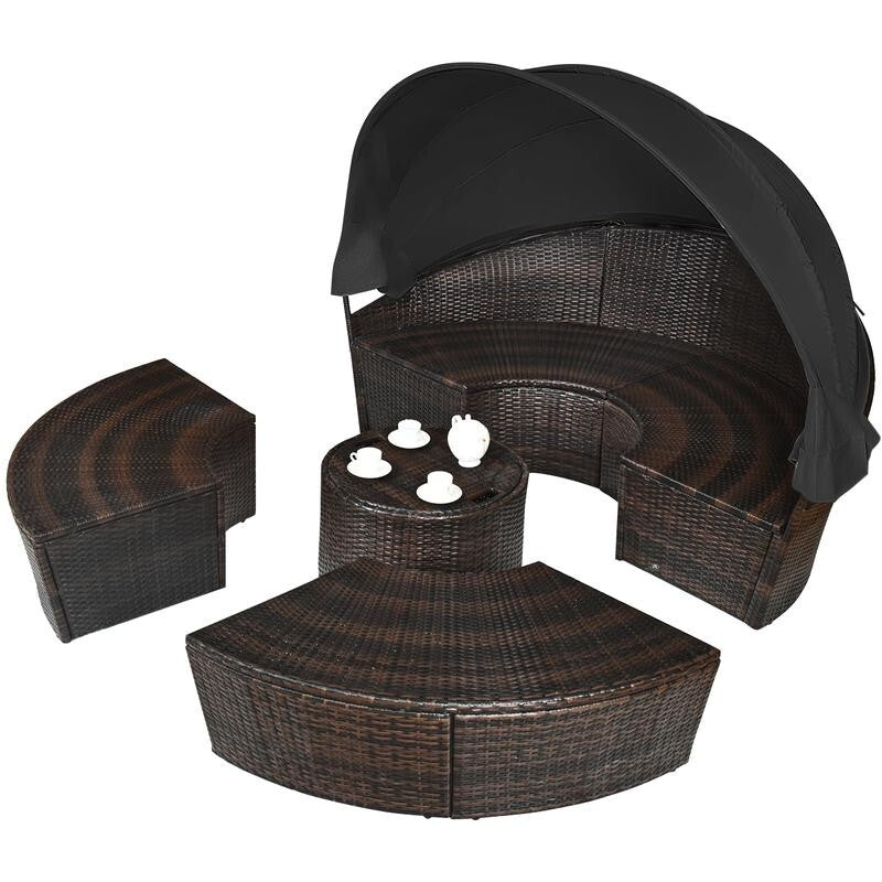 Round Rattan Outdoor Daybed with Retractable Canopy & Cushions Garden Set