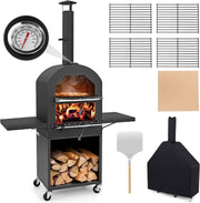 Outdoor Wood Fired Pizza Oven | BBQ Grill w/ Chimney, Shelves, Stone & Cover