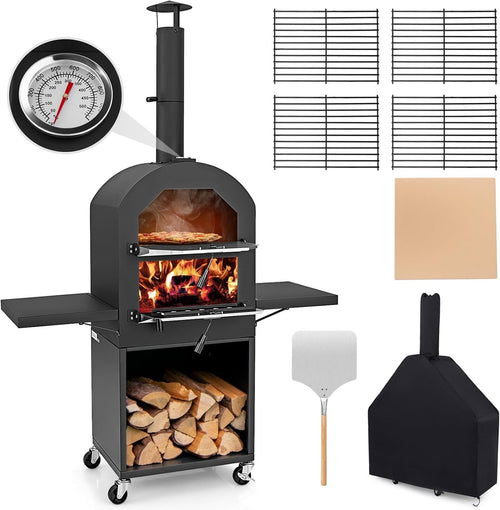 Outdoor Wood Fired Pizza Oven | BBQ Grill w/ Chimney, Shelves, Stone & Cover