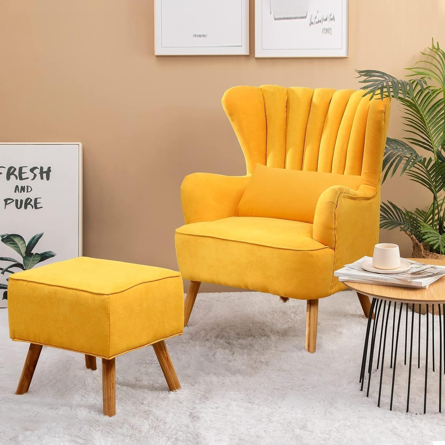 Yellow Linen Wingback Tub Chair with Footstool, Wooden Legs, Lounge Sofa