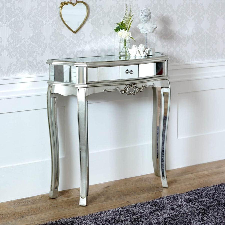 Silver Mirrored Half Moon Console Table with Drawer, Elegant 80x81x30cm