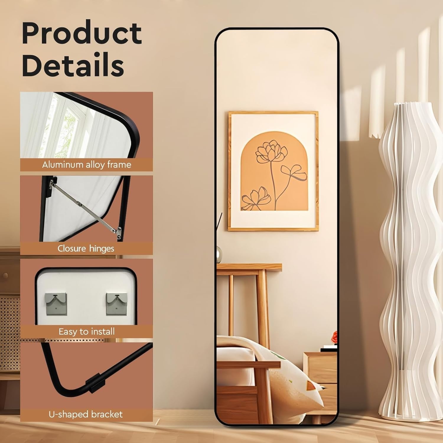 Full Length Floor Mirror 160x40cm with Stand, Sleek Black Frame