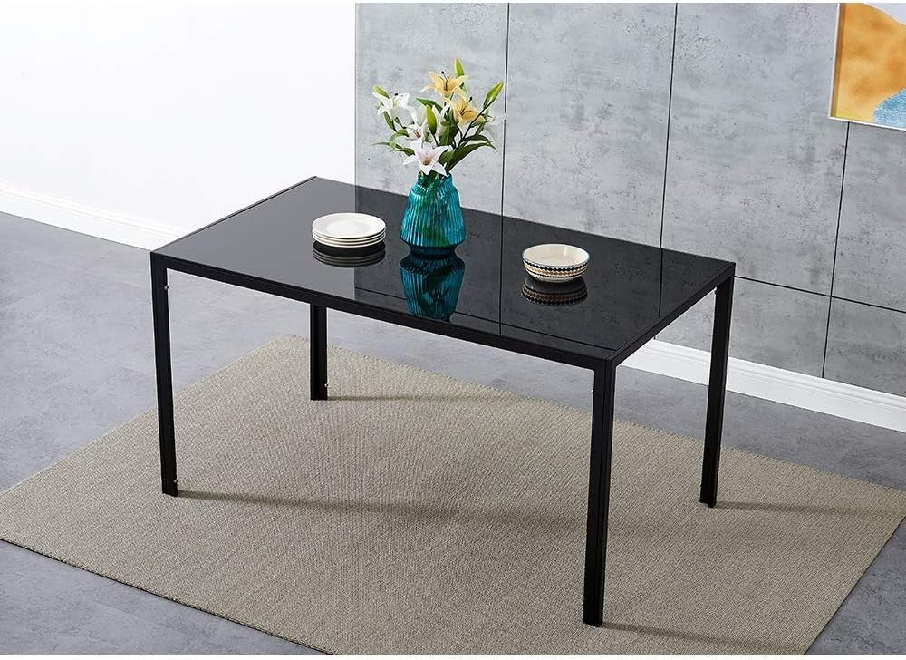 Modern 6-Seater Black Glass Dining Table Set with PU Leather Chairs