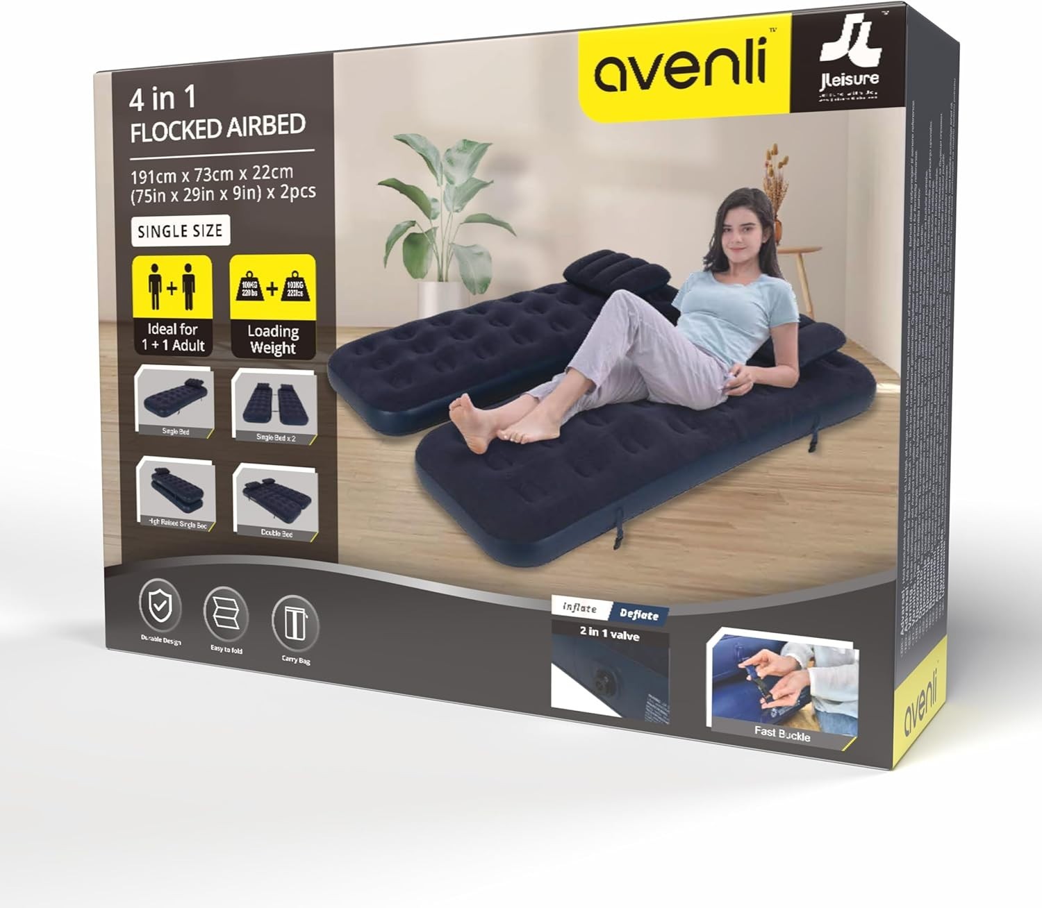 3 in 1 Inflatable Air Bed Double or Single Guest Camping Mattress w Pillows