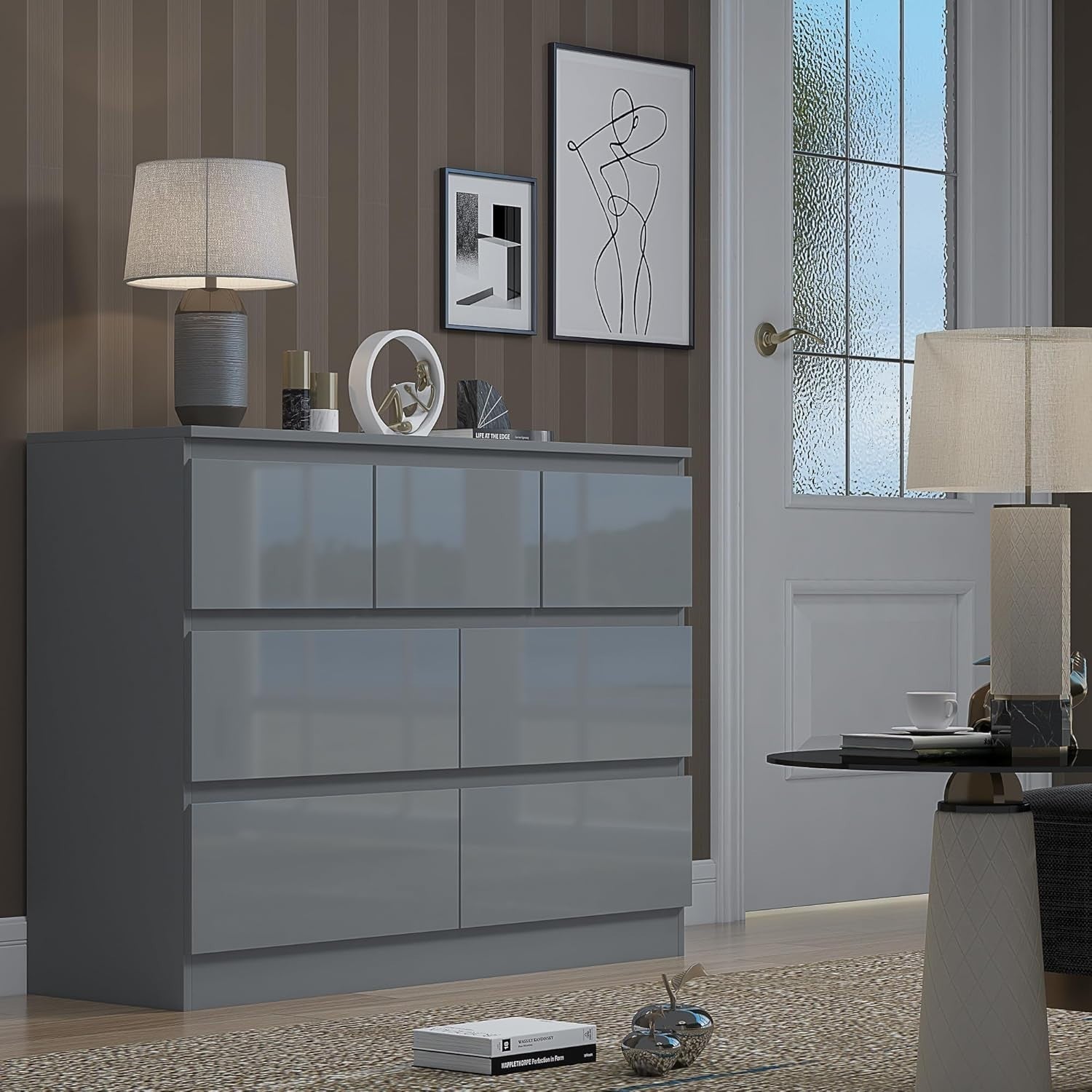Modern 7 Drawer Chest Grey Gloss Storage Cabinet Bedroom Office Unit
