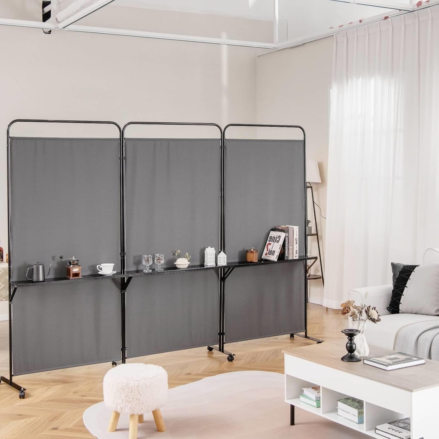 3 Panel Folding Room Divider with Shelves & Wheels 188cm Tall Privacy Screen