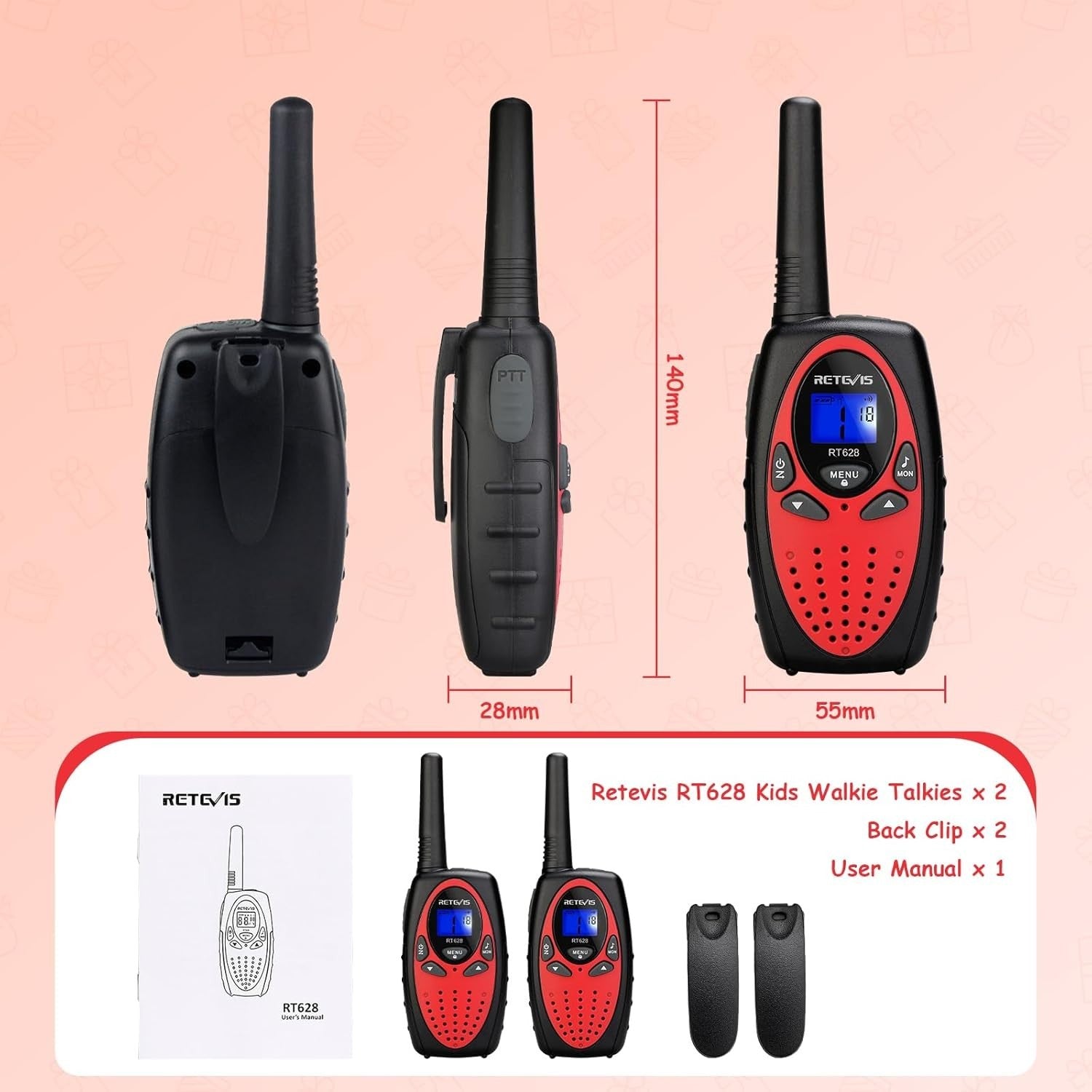 Kids Walkie Talkies 1 Pair Red Long Range VOX 8 Channel Toy Radios Easy Use