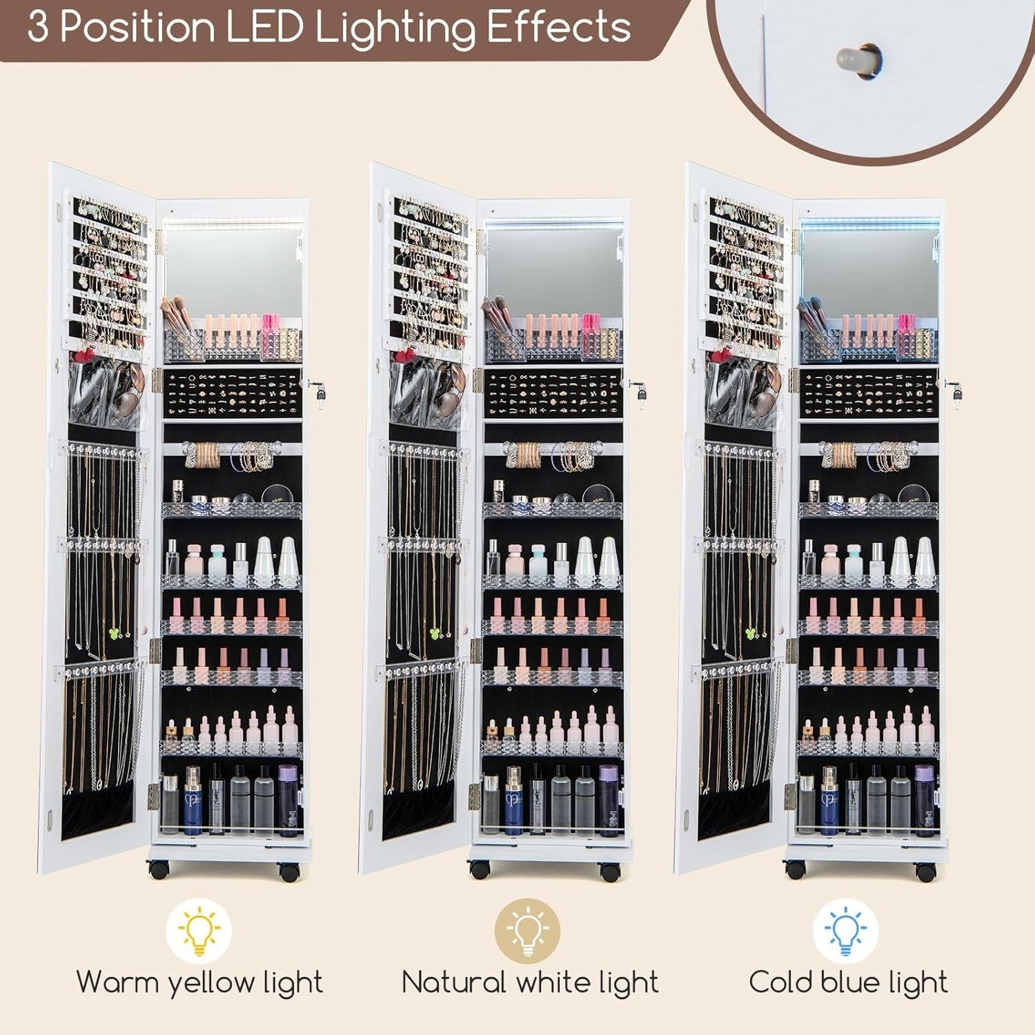 White LED Jewelry Cabinet Mirror Lockable Rolling Storage Organizer