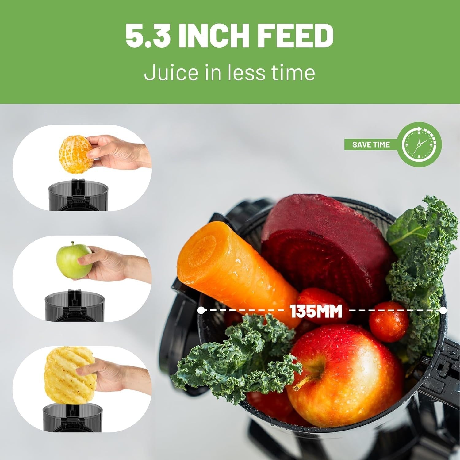 Cold Press Juicer 135mm Feed Chute Whole Fruit Slow Masticating 250W