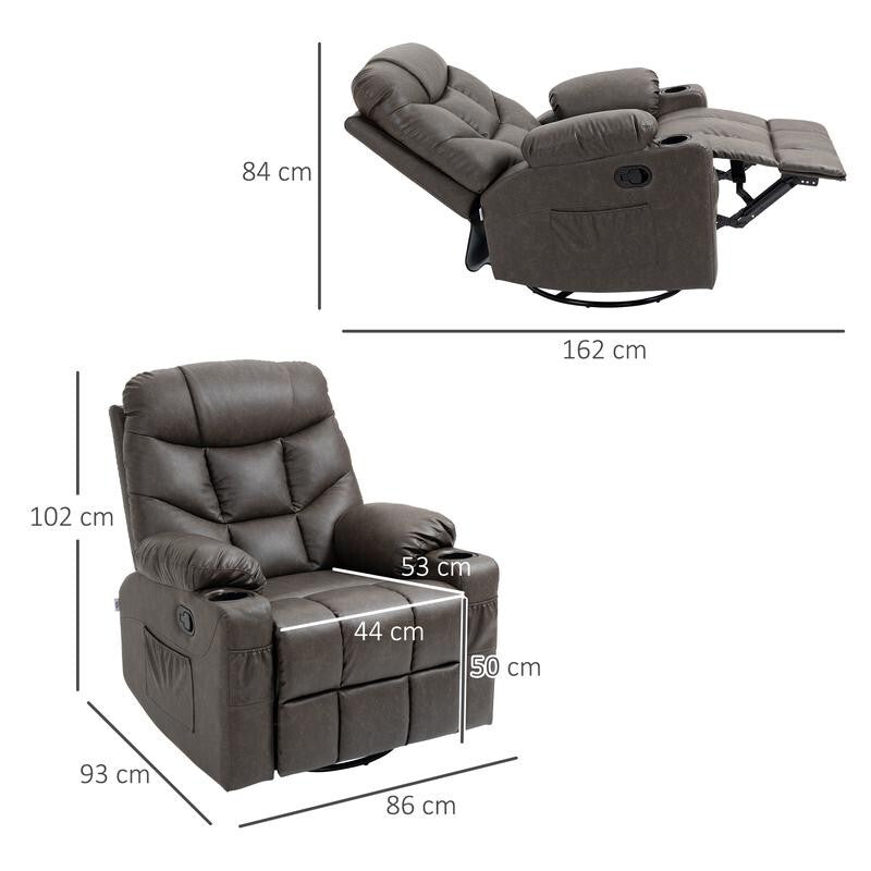 PU Leather Recliner Armchair Swivel Chair w/ Footrest, Cup Holders, Brown