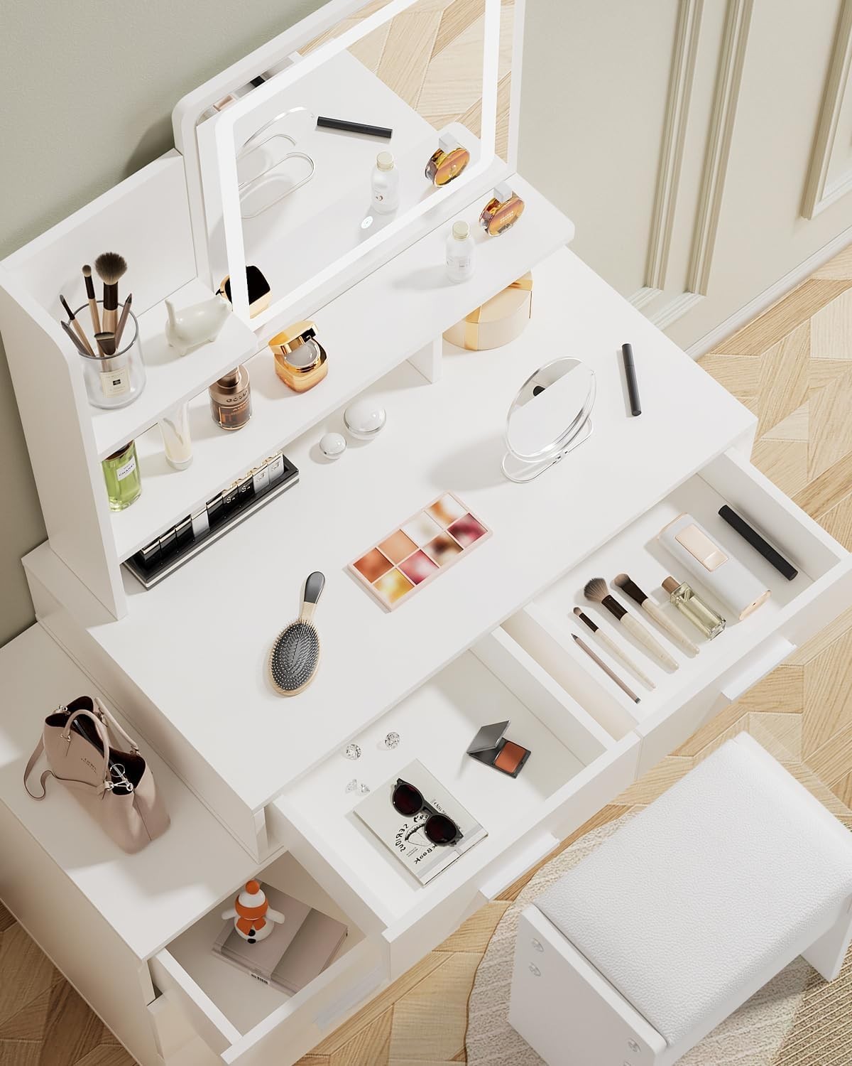 White Dressing Table LED Mirror 5 Drawers Flexible Vanity Desk Makeup Storage