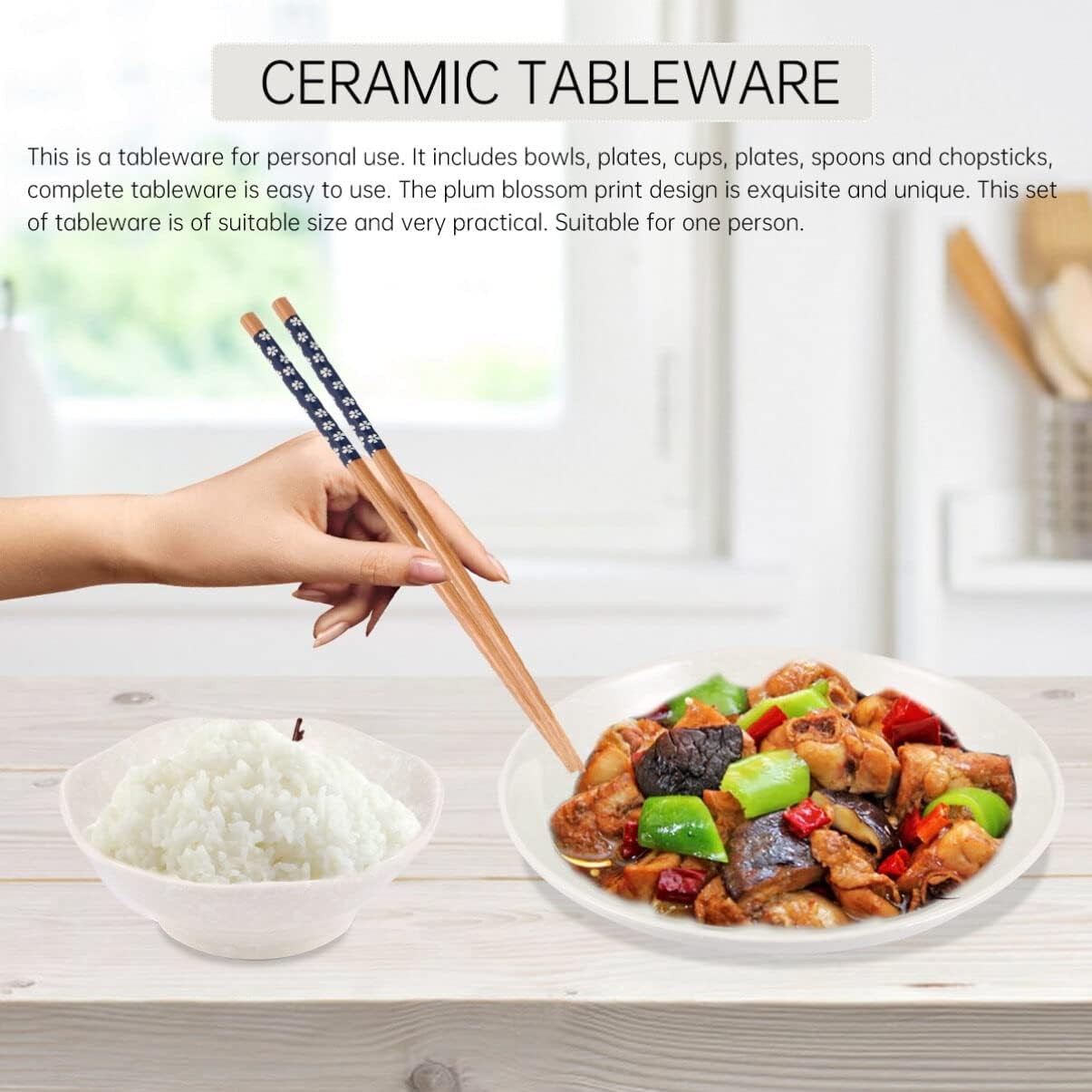 Japanese Style Ceramic Dinnerware Set for One Bowl Plate Cup Spoon Chopsticks