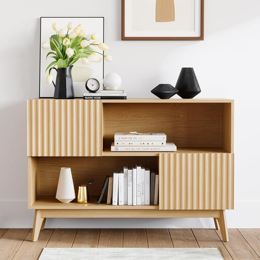 Modern Oak Sideboard Cabinet 100CM Storage Unit with Doors & Open Shelves