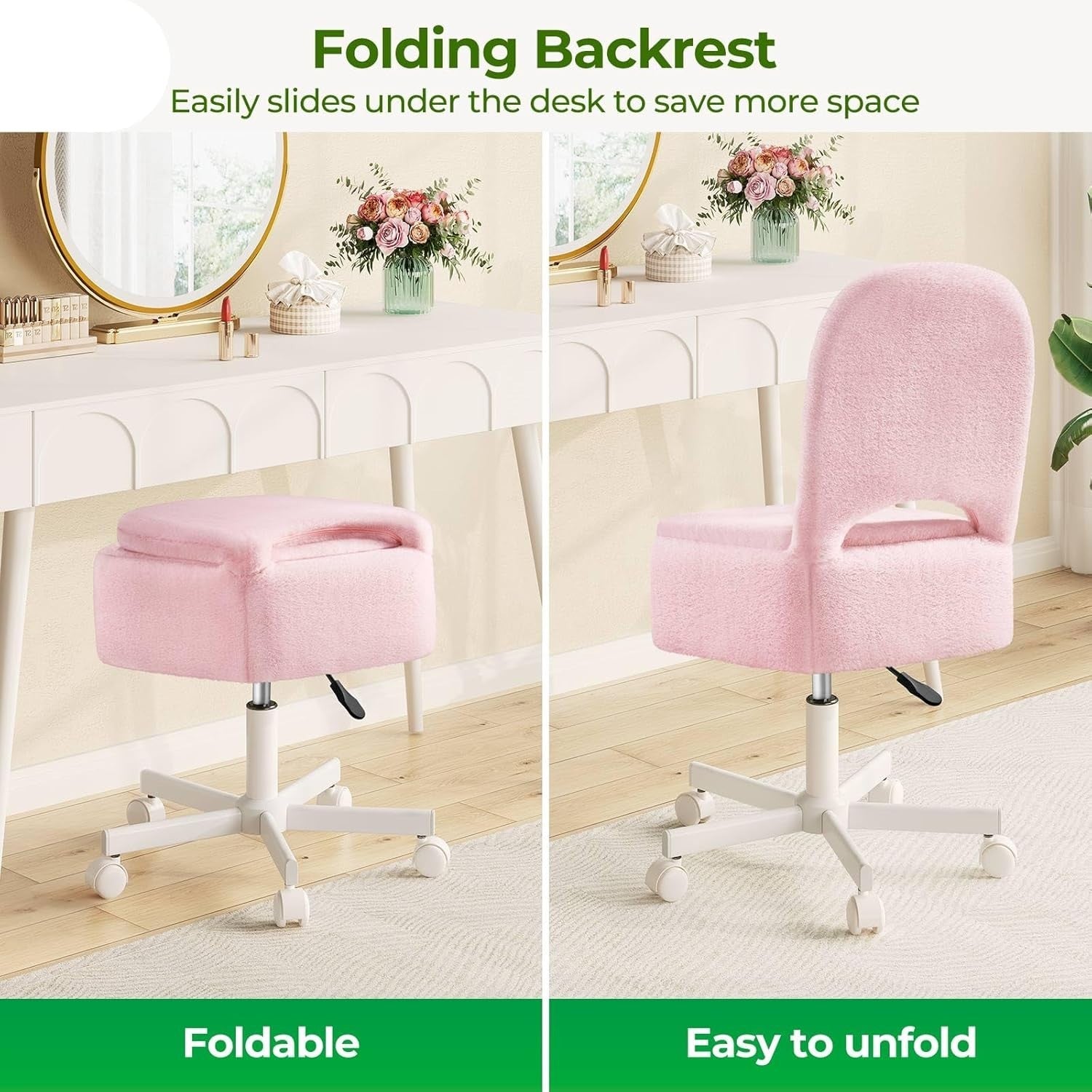 Pink Furry Vanity Chair Large with 13.5L Storage Swivel Adjustable Height