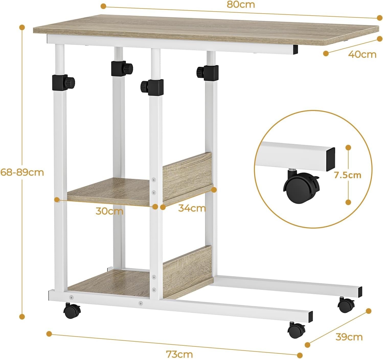 C Shaped Side Table Height Adjustable Sofa Bed Laptop Desk with Wheels