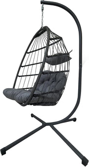 Foldable Rattan Egg Chair with Cushion Indoor Outdoor Hanging Swing Seat