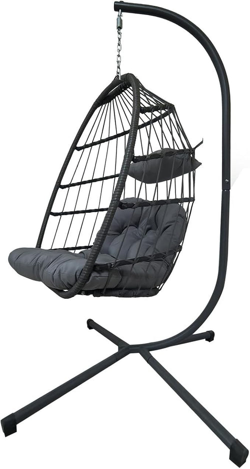 Foldable Rattan Egg Chair with Cushion Indoor Outdoor Hanging Swing Seat
