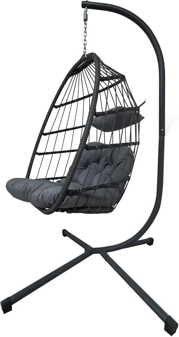 Foldable Rattan Egg Chair with Cushion Indoor Outdoor Hanging Swing Seat