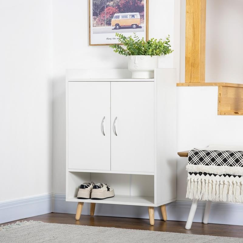 Slim White Shoe Storage Cabinet with Doors, Open Shelf & Wooden Legs