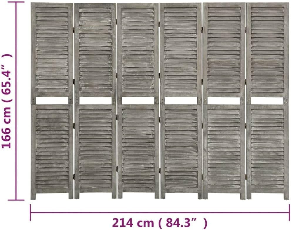 6 Panel Grey Wood Folding Room Divider – Ventilated Privacy Screen 214cm