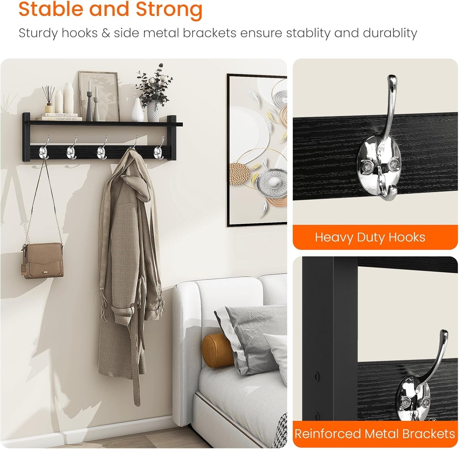 24in Wall Mounted Coat Rack with Shelf Black Entryway Hat Towel Bag Hooks