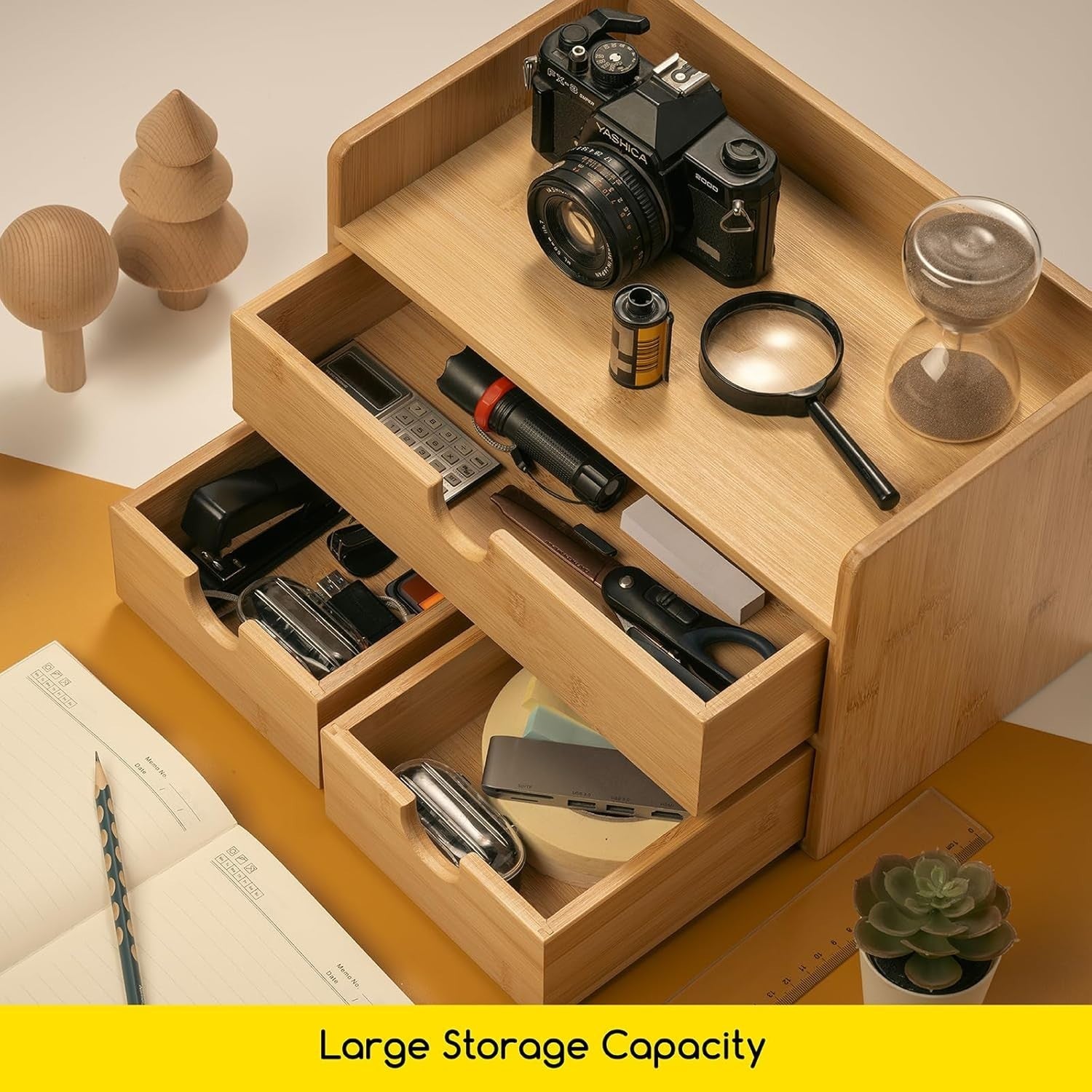 Desk Organizer 3 Drawers Bamboo Storage Box Desktop Storage Shelf