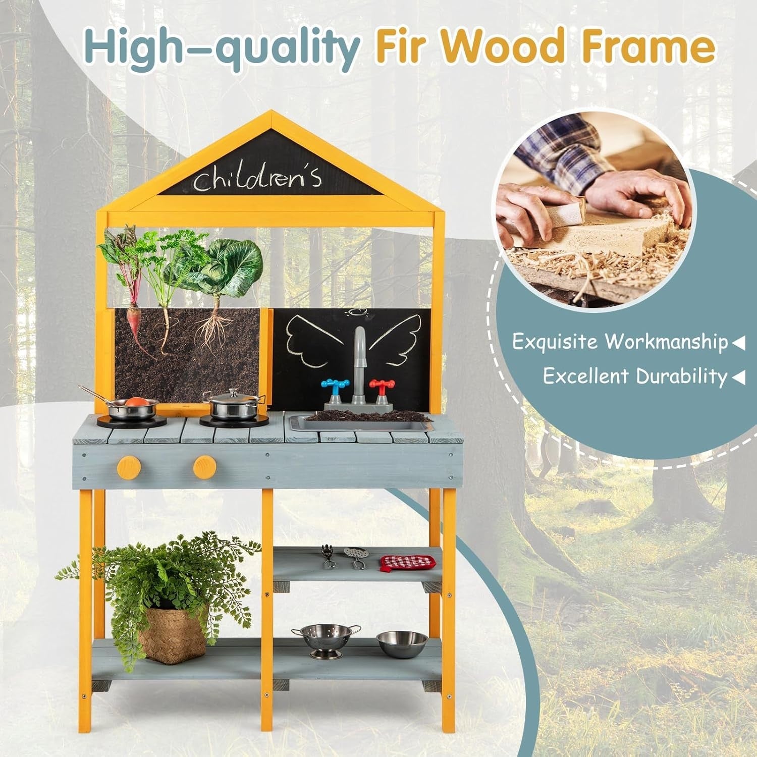 Outdoor Mud Kitchen Kids Playset w/ Planter Sink Chalkboard Toys