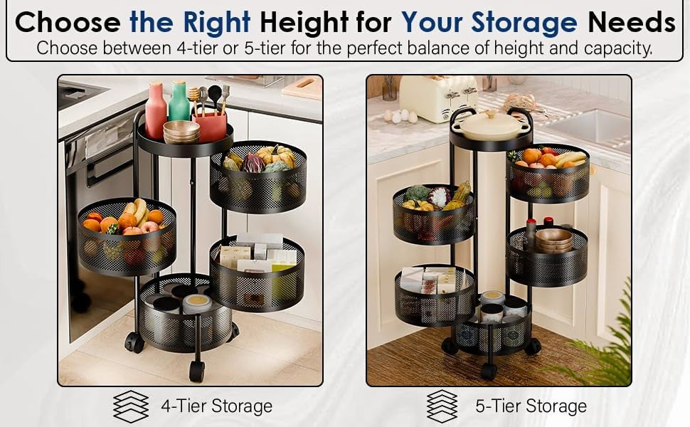 5 Tier Rotating Storage Trolley Round Cart with Wheels Kitchen Bathroom