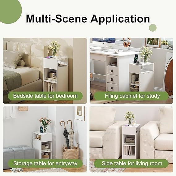 Slim White Bedside Table with Charging Ports & 3 Shelves, Modern Narrow
