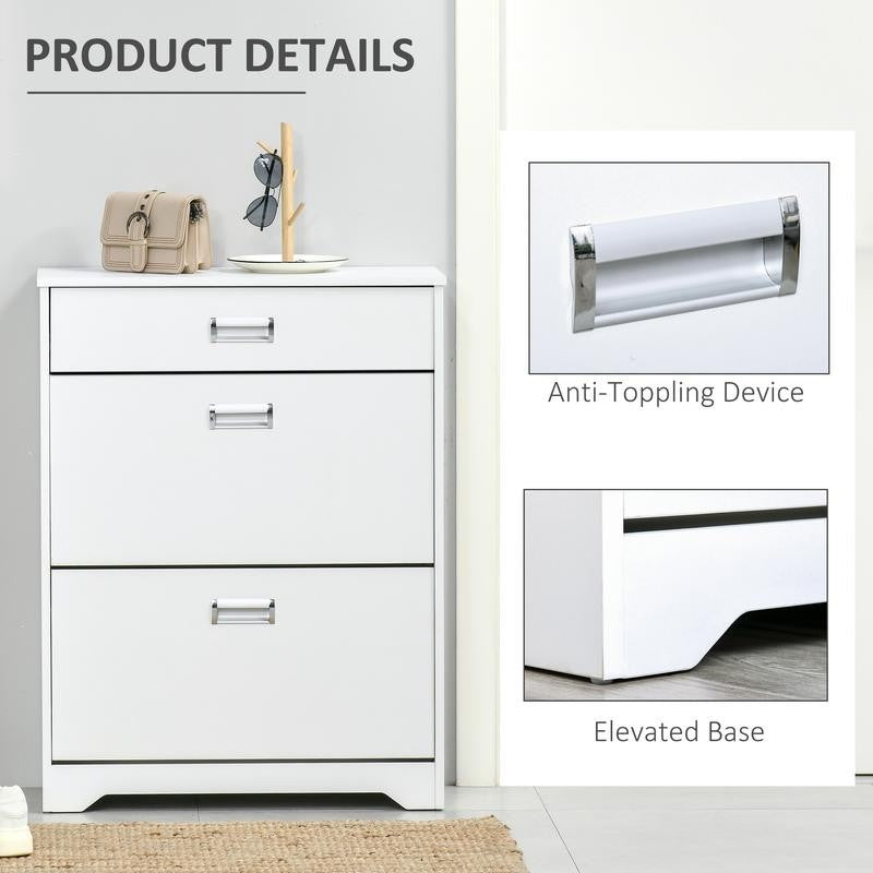 White Shoe Cabinet Bench with Drawers & Flip Doors – Slim Entryway Unit